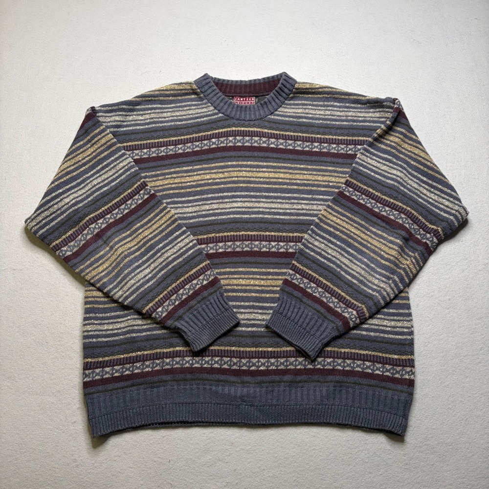 Jantzen Sport Sweater Mens XL Blue Striped Geometric Knit Vintage Crewneck